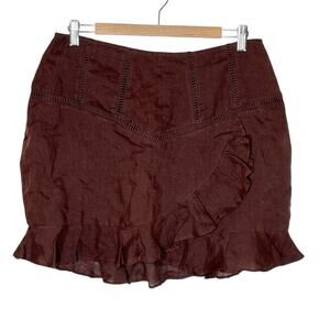 Linen Ruffled Mini Skirt Brown Womens L Tularosa Fairy Grunge Boho Romantic